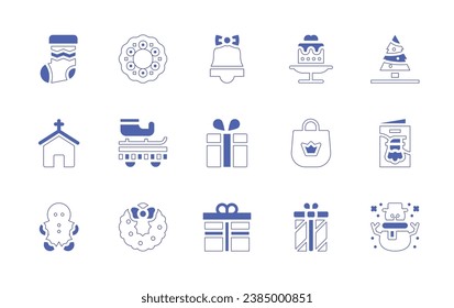 Christmas icon set. Duotone style line stroke and bold. Vector illustration. Containing christmas sock, church, gingerbread man, wreath, bell, cake, christmas tree, christmas parade, gift, gift bag.