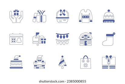 Christmas icon set. Duotone style line stroke and bold. Vector illustration. Containing gift box, calendar, christmas present, giftbox, sweater, winter hat, mailbox, lights, wood house, christmas sock