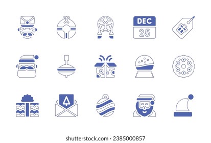 Christmas icon set. Duotone style line stroke and bold. Vector illustration. Containing nutcracker, santa claus, christmas present, christmas wreath, filipino, december, price tag, pinwheel, open box.