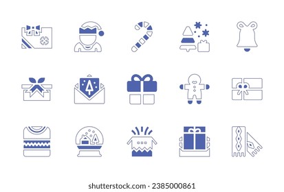 Christmas icon set. Duotone style line stroke and bold. Vector illustration. Containing christmas card, elf, gift, greeting card, sweater, snow globe, candy cane, christmas tree, christmas bell.