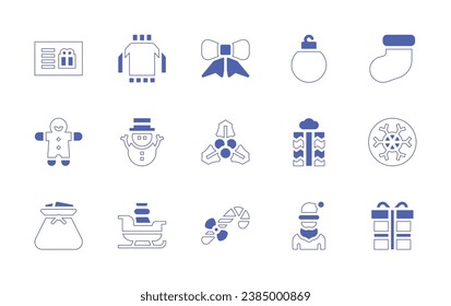 Christmas icon set. Duotone style line stroke and bold. Vector illustration. Containing bauble, gift, santa claus, gift card, sweater, ribbon, gingerbread, snowman, mistletoe, gift bag, sleigh, candy.