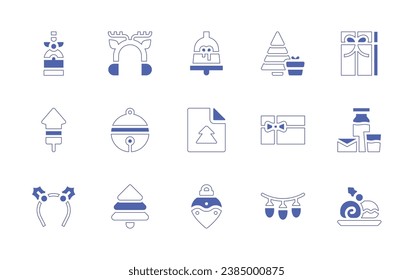 Christmas icon set. Duotone style line stroke and bold. Vector illustration. Containing champagne, earmuffs, fireworks, jingle bell, headband, pine tree, bell, christmas tree, christmas present.