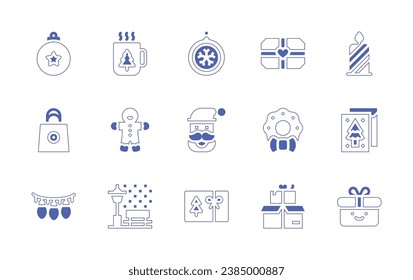 Christmas icon set. Duotone style line stroke and bold. Vector illustration. Containing baubles, cocoa, christmas ball, gift bag, gingerbread man, santa claus, lights, park, voucher, gift, candle.