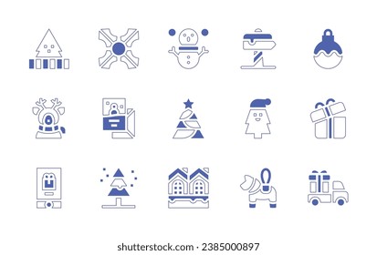 Christmas icon set. Duotone style line stroke and bold. Vector illustration. Containing christmas tree, mistletoe, snowman, sign, reindeer, card, christmas bag, city, decoration, bauble, gift.