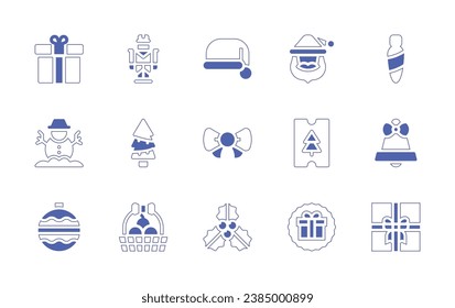 Christmas icon set. Duotone style line stroke and bold. Vector illustration. Containing gift, nutcracker, santa hat, snowman, tree, bow tie, bauble, fruit, mistletoe, santa claus, light bulb, ticket.