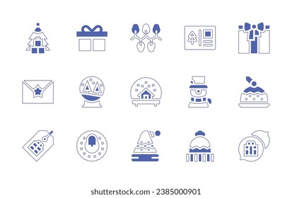 Christmas icon set. Duotone style line stroke and bold. Vector illustration. Containing christmas tree, gift, christmas lights, greeting card, snow globe, snowball, label, wreath, christmas hat.