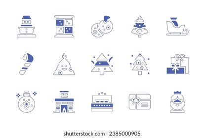 Juego de iconos de Navidad. Curso de línea de estilo duotónico y negrita. Ilustración vectorial. Con muñeco de nieve, ventana, navidad, árbol de navidad, bastón de caramelo, chimenea, oro, tarjeta de regalo, trineo, presente, melchor.