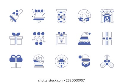 Christmas icon set. Duotone style line stroke and bold. Vector illustration. Containing bell, christmas bell, chimney, gift, lights, necklace, snow globe, wreath, christmas wreath, fireplace, hat.