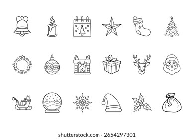 Christmas icon set featuring bell candle calendar star stocking tree wreath ornament fireplace gift