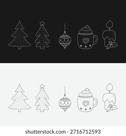 Conjunto de íconos de Navidades con árboles decorados, adorno estampado, taza de Festiva con cobertura batida y vela encendida con acebo en contraste blanco y negro dividido.