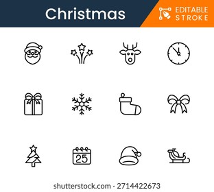 Weihnachts-Icon-Set mit festlichen Feiertagssymbolen, Winterelementen, Dekorationen, Geschenken und Feier-Grafiken, perfekt für Apps, Karten und saisonale Branding.