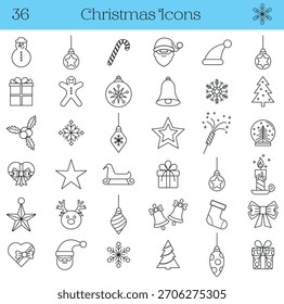 Conjunto de iconos de Navidades con ilustraciones de líneas simples de Elementos de vacaciones como regalos, estrellas, copos de nieve, árboles y decoraciones. Perfecto para diseños festivos, tarjetas, App y proyectos de temporada.Vector