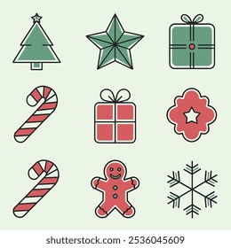 Christmas icon set featuring a tree, star, gift, candy cane, gingerbread man, snowflake, and holiday cookie in red and green.