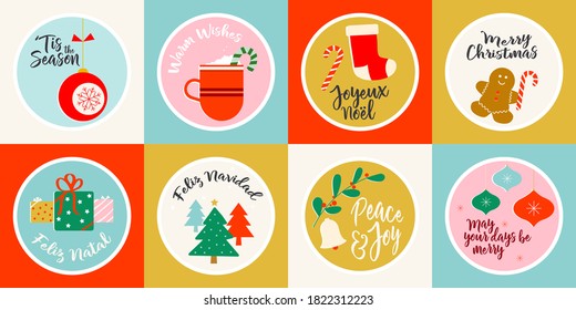 Christmas Icon Set Featuring Christmas Trees, Stockings, Candy Canes, Bells, Holly, Ornaments, Gifts and Gingerbread Men with holiday messages in English, Spanish French and Portuguese