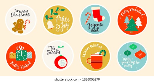 Christmas Icon Set Featuring Christmas Trees, Stockings, Candy Canes, Bells, Holly, Ornaments, Gifts and Gingerbread Men with holiday messages in English, Spanish French and Portuguese