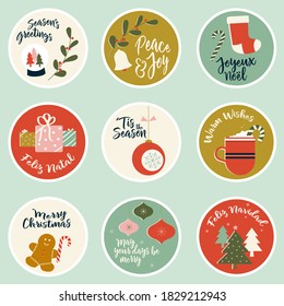 Christmas Icon Set Featuring Christmas Trees, Stockings, Candy Canes, Bells, Holly, Ornaments, Gifts and Gingerbread Men with holiday messages in English, Spanish French and Portuguese