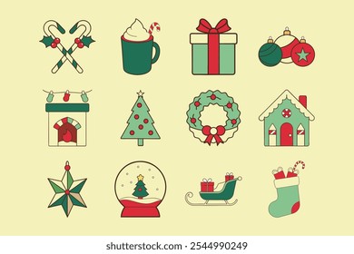 Christmas Icon Set Festive Holiday Illustrations of Gifts, Decorations, and Winter Symbols