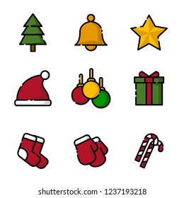 Christmas icon set filled outline style with dashed outline, 9 icon inside