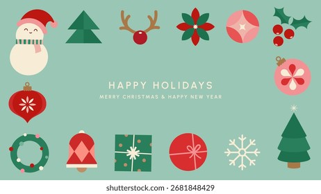 Icono de Navidades en diseño plano sobre un fondo verde, que incluye un muñeco de nieve, árboles, adornos, regalos y texto de saludo de vacaciones. Plantilla de diseño de tarjeta de felicitación de Festiva. Antiguas Fondo de pantalla pastel.