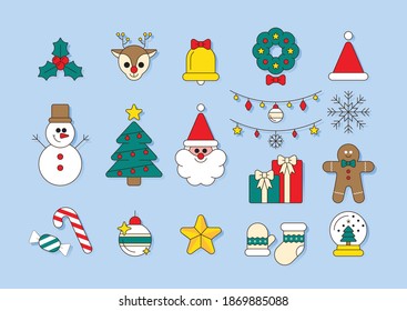 Christmas icon set flat outline style. Set of Christmas icon blue background. Merry Christmas illustration Santa Claus, Deer, Christmas tree, Gingerbread man, Candy cane, Gift, Snowman, Snow, Wreath.