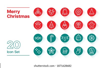 Christmas icon set flat outline style. 20 icon set of Christmas. Merry Christmas illustration Santa Claus, Deer, Christmas tree, Gingerbread man, Candy cane, Gift, Snowman, Snow, Wreath.