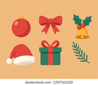 Conjunto de iconos de Navidades en estilo plano | Bauble, arco, campana, sombrero de Santa, regalo, rama de pino