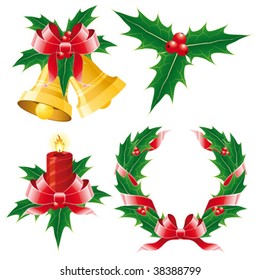 Christmas icon set of four element - bell candle mistletoe wreath