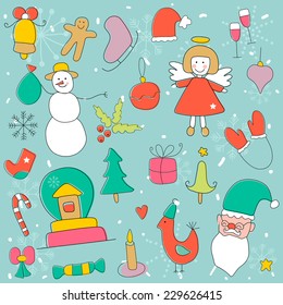Christmas icon set with funny characters and elements. Vector doodle illustration. Hand drawn isolated design elements. Perfect for greeting cards, backgrounds. 