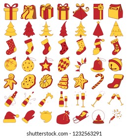 Christmas icon set. Gift boxes, pine trees, hristmas socks, christmas decorations, christmas sweets, bottles and glasses, classic christmas simbols. Red and yellow.