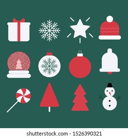 Christmas icon set, gift, snowflake, star, hat, snow globe, bauble, bell, lollipop, tree, snowman