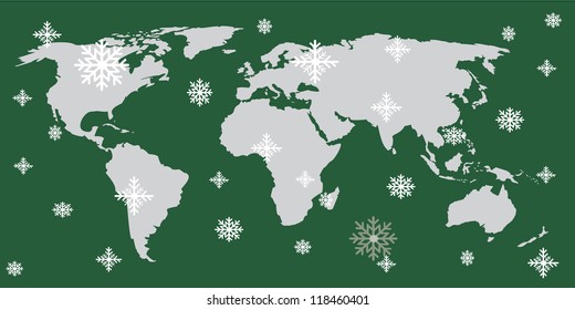 Christmas icon set in globe world map background.