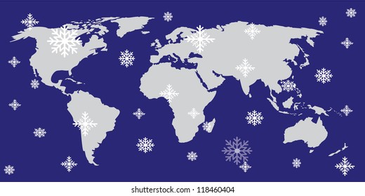 Christmas icon set in globe world map background.