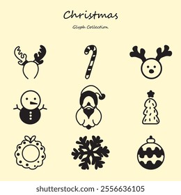 Christmas Icon Set Glyph Style. Santa, christmas tree, snowman, mistletoe. Glyph Collection