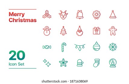 Christmas icon set gradient outline style. 20 icon set of Christmas. Merry Christmas illustration Santa Claus, Deer, Christmas tree, Gingerbread man, Candy cane, Gift, Snowman, Snow, Wreath.