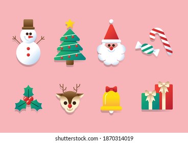 Christmas icon set gradient style. Set of Christmas icon pink background. Merry Christmas illustration Santa Claus, Deer, Christmas tree, Gingerbread man, Candy cane, Gift, Snowman, Snow, Wreath.
