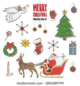 Christmas icon set in hand drawn style. Cute Christmas elements with snowflakes, sock, star, christmas tree, balls, gift and santa. Vector icons for business and holidays