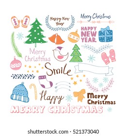 Christmas icon set. Happy New Year design elements. Winter holiday concept. 