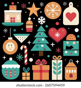 Christmas icon set with holiday symbols like Santa snowman tree and gifts
