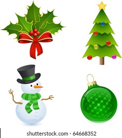 Christmas icon set. Christmas Holly, Tree, Snowman and Bauble Stock Vector