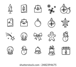 Christmas icon set, hristmas tree, card, bell, bow, wreath, glass ball, snowman, 	