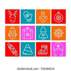 Christmas icon set. Christmas icons vector. Santa Claus, reindeer, xmas tree, ball, snowflake, stocking, cup. Stock vector