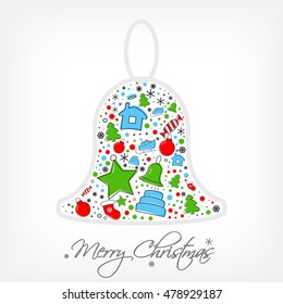 Christmas icon set inside of bell. Xmas and winter holidays elements. Flat design vector greeting card