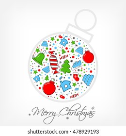 Christmas icon set inside of bobble. Xmas and winter holidays elements. Flat design vector greeting card