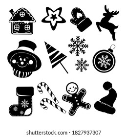 Christmas icon set isolated on white background. Vector illustration with Christmas deer, gingerbread house and New Year's decor