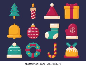 Christmas icon set isolated on blue background. vector Illustration.