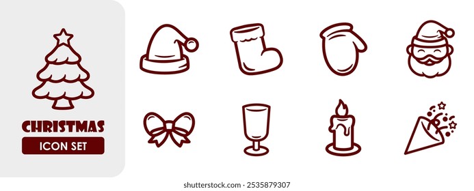 Christmas icon set with line art vector style. santa, hat, glass, ribbon, etc.