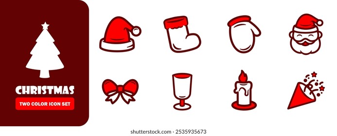 Christmas icon set with line art two color vector style. santa, hat, glass, ribbon, etc.