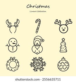 Christmas Icon Set Line Style. Santa, christmas tree, snowman, mistletoe. Lineart Collection
