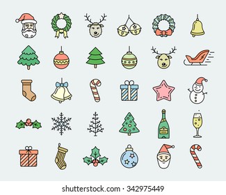 Weihnachtssymbol-Set. Lineare, farbige Vektorsymbole, die Fröhliche Weihnachten und glückliches Neues Jahr gewidmet sind. Linearer Stil