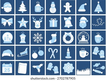 Christmas icon set  with long shadow isolated on separated colorful background. Christmas element vector set in flat cartoon style. 
